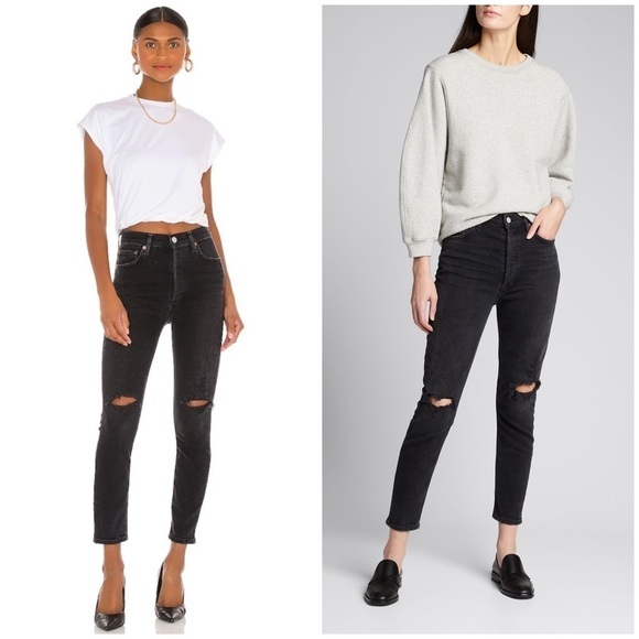 Agolde Nico High Rise Slim in Cassette Black Jeans Knee Rips Distressed Sz 30 - Picture 2 of 14